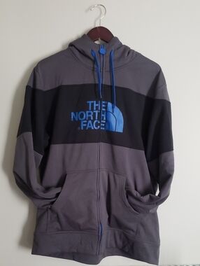 The North Face Gray & Black Hoodie with Blue Logo and Drawcords